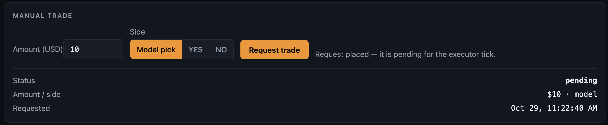 Satoshi Scalp dashboard - Manual Trade panel