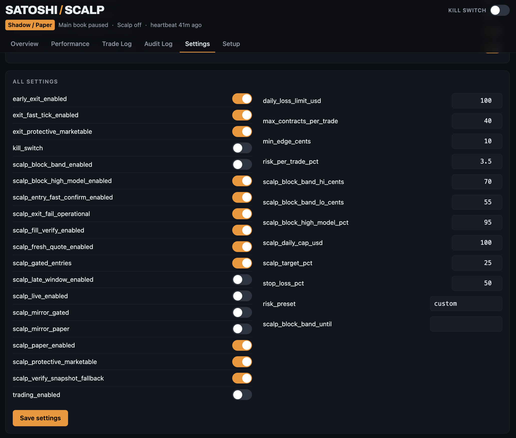 Satoshi Scalp dashboard - Settings tab with all risk controls